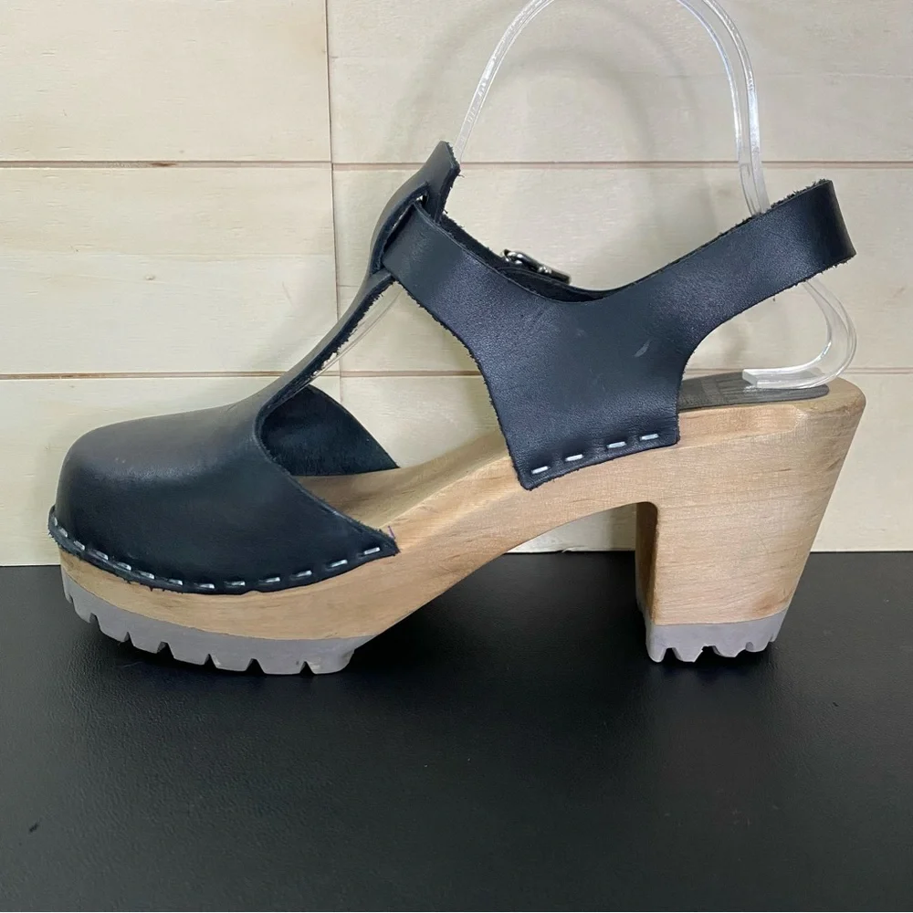 Mia Madeline Swedish Clogs Women's Size 7.5 Shoes EU38 Black Leather Wooden - Picture 2 of 11
